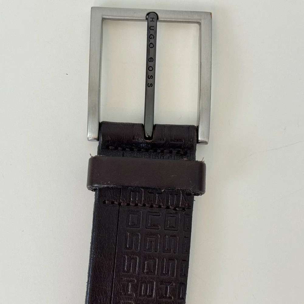 VTG 90s Hugo Boss Embossed Leather Belt Brown Logo Print Silver Buckle Sz 105-40